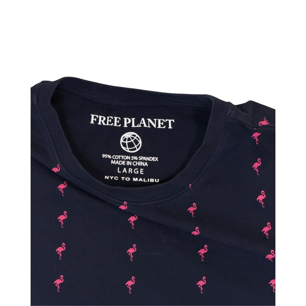 Free Planet Mens Large Navy Blue Pink Flamingo Print Short Sleeve T-Shirt